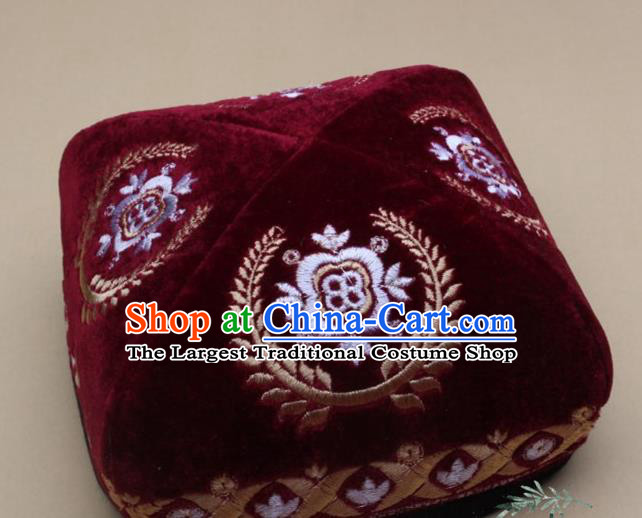 Chinese Traditional Uyghur Nationality Folk Dance Embroidered Wine Red Velvet Hat Ethnic Xinjiang Stage Show Headwear for Men