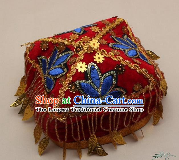 Chinese Traditional Uyghur Nationality Girls Embroidered Red Velvet Hat Ethnic Folk Dance Stage Show Headwear for Kids