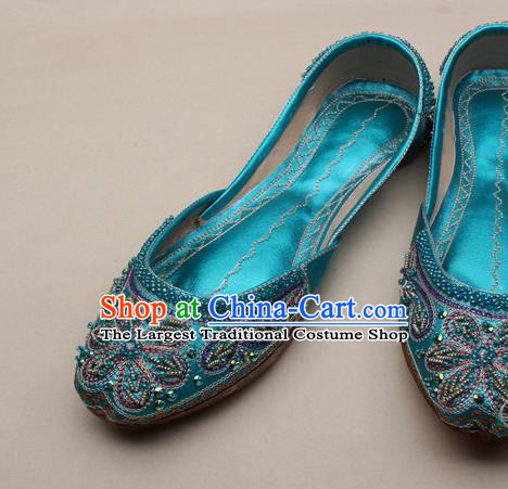 Asian India National Embroidered Lake Blue Leather Shoes Handmade Indian Traditional Folk Dance Shoes for Women