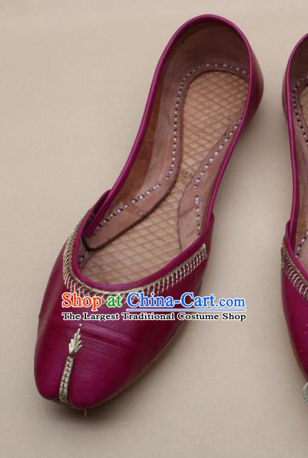 Asian Nepal National Handmade Rosy Leather Shoes Indian Traditional Folk Dance Shoes for Women