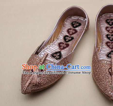 Asian Nepal National Handmade Champagne Embroidered Shoes Indian Traditional Folk Dance Leather Shoes for Women