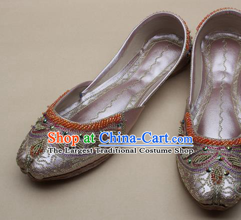 Asian Nepal National Handmade Beaded Light Pink Leather Shoes Indian Traditional Folk Dance Shoes for Women