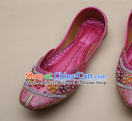 Asian Nepal National Peach Pink Leather Shoes Handmade Indian Traditional Folk Dance Shoes for Women