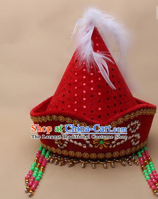 Handmade Chinese Traditional Mongol Minority Dance Red Hat Ethnic Nationality Headwear for Women
