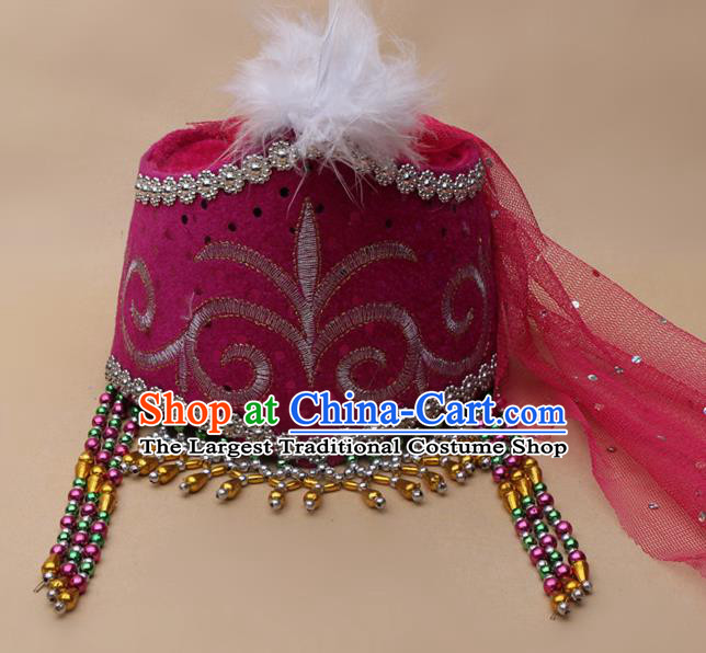 Handmade Chinese Traditional Kazak Minority Dance Rosy Veil Hat Ethnic Nationality Headwear for Women