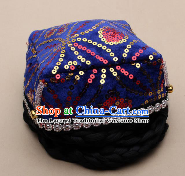 Chinese Traditional Uyghur Minority Dance Bells Royalblue Hat Xinjiang Ethnic Nationality Headwear for Women