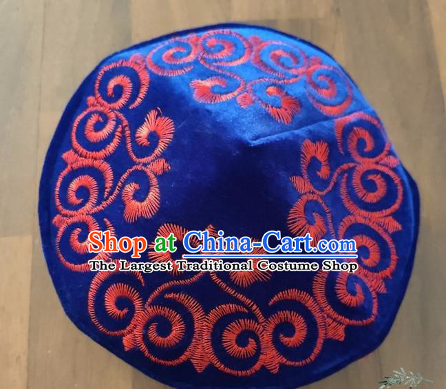Chinese Traditional Kazak Minority Embroidered Deep Blue Velvet Hat Ethnic Xinjiang Stage Show Headwear for Men