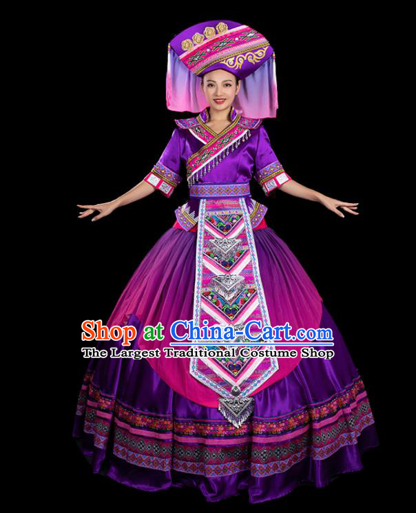 Chinese Traditional Zhuang Nationality Purple Bubble Dress Ethnic Folk Dance Stage Show Liu Sanjie Costume for Women