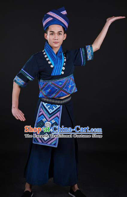 Chinese Traditional Zhuang Nationality Festival Navy Outfits Ethnic Minority Folk Dance Stage Show Costume for Men