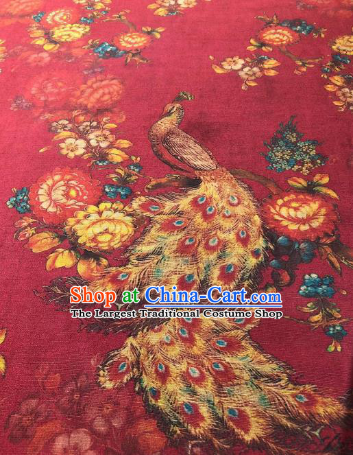 Asian Chinese Classical Peacock Peony Pattern Design Red Gambiered Guangdong Gauze Fabric Traditional Silk Material