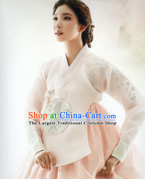 Korean Traditional Hanbok Bride White Blouse and Light Pink Dress Outfits Asian Korea Fashion Costume for Women