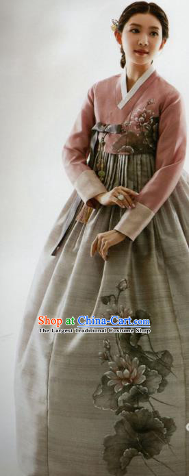 Korean Traditional Hanbok Bride Blouse and Printing Lotus Grey Dress Outfits Asian Korea Wedding Fashion Costume for Women