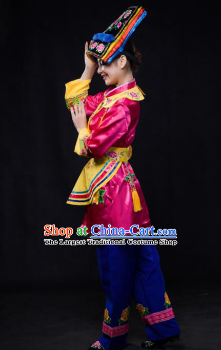 Chinese Traditional Qiang Nationality Rosy Outfits Ethnic Minority Folk Dance Stage Show Costume for Women