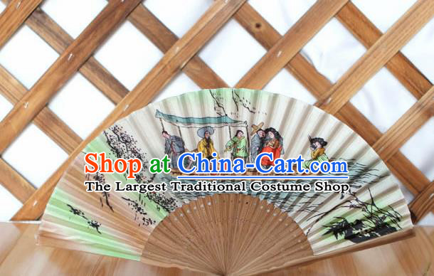 Korean Traditional Wood Folding Fan Asian Korea Folk Printing Boat Paper Fans for Women