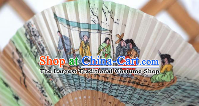 Korean Traditional Wood Folding Fan Asian Korea Folk Printing Boat Paper Fans for Women