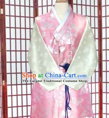 Korean Traditional Pink Satin Shirt and Grey Pants Hanbok Asian Korea Bridegroom Fashion Costume for Men