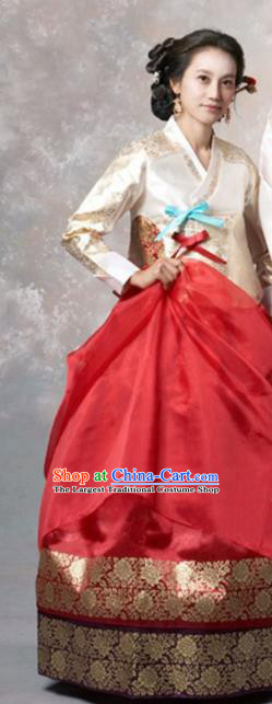 Korean Traditional Garment Court Hanbok Beige Blouse and Red Dress Outfits Asian Korea Fashion Costume for Women