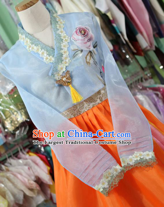 Korean Traditional Garment Bride Hanbok Printing Rose Blue Blouse and Orange Dress Outfits Asian Korea Fashion Costume for Women
