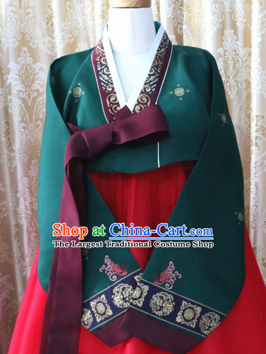 Korean Traditional Hanbok Deep Green Blouse and Red Dress Outfits Asian Korea Fashion Costume for Women