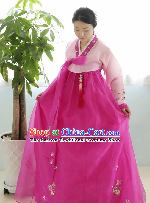Korean Traditional Court Hanbok Garment Pink Blouse and Rosy Dress Asian Korea Fashion Costume for Women
