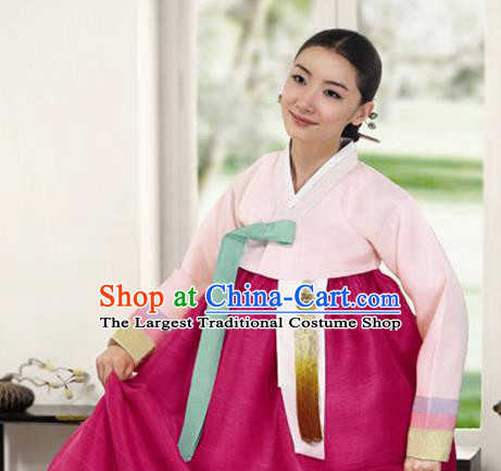 Korean Traditional Bride Mother Hanbok Garment Pink Satin Blouse and Rosy Dress Asian Korea Fashion Costume for Women