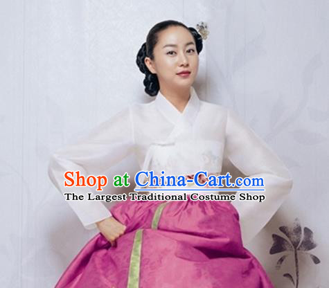 Korean Traditional Bride Hanbok White Blouse and Rosy Dress Garment Asian Korea Fashion Costume for Women