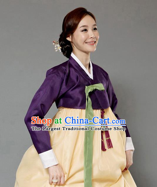 Korean Traditional Bride Hanbok Deep Purple Blouse and Yellow Dress Garment Asian Korea Fashion Costume for Women