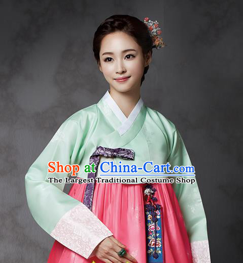 Korean Traditional Bride Court Hanbok Green Satin Blouse and Pink Dress Garment Asian Korea Fashion Costume for Women
