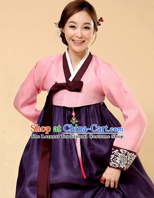 Korean Traditional Bride Court Hanbok Pink Satin Blouse and Purple Dress Garment Asian Korea Fashion Costume for Women