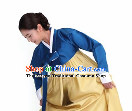 Korean Traditional Bride Mother Hanbok Navy Satin Blouse and Yellow Dress Garment Asian Korea Fashion Costume for Women