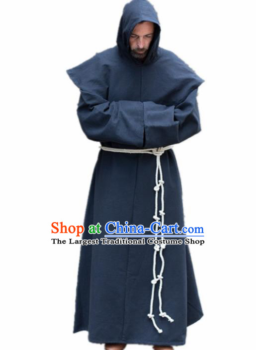 Western Halloween Middle Ages Drama Missionary Deep Blue Robe European Traditional Churchman Costume for Men