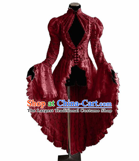 Western Halloween Middle Ages Drama Red Lace Dress European Traditional Court Costume for Women