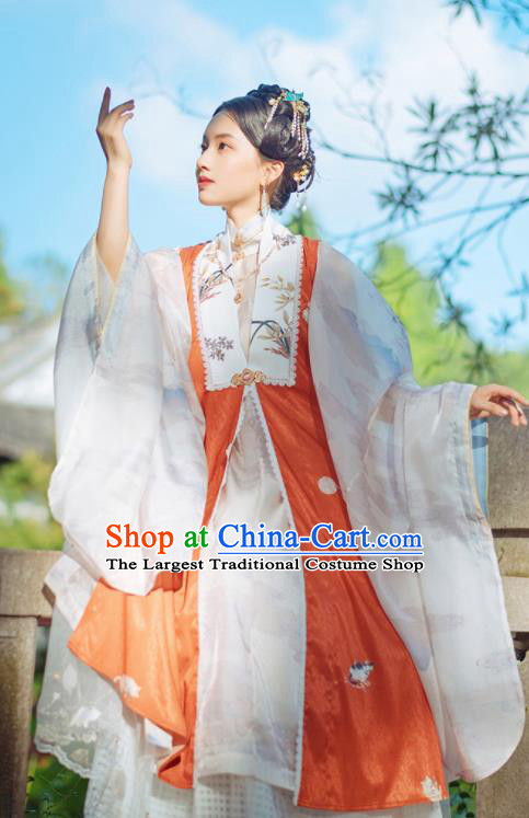 Chinese Traditional Hanfu Long Orange Vest Ancient Ming Dynasty Princess Costume for Women