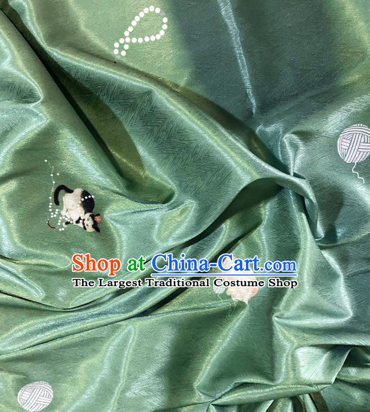 Asian Chinese Classical Cat Pattern Design Green Silk Fabric Traditional Hanfu Brocade Material