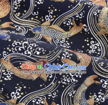 Asian Japanese Classical Fishes Pattern Design Navy Silk Fabric Traditional Kimono Brocade Material
