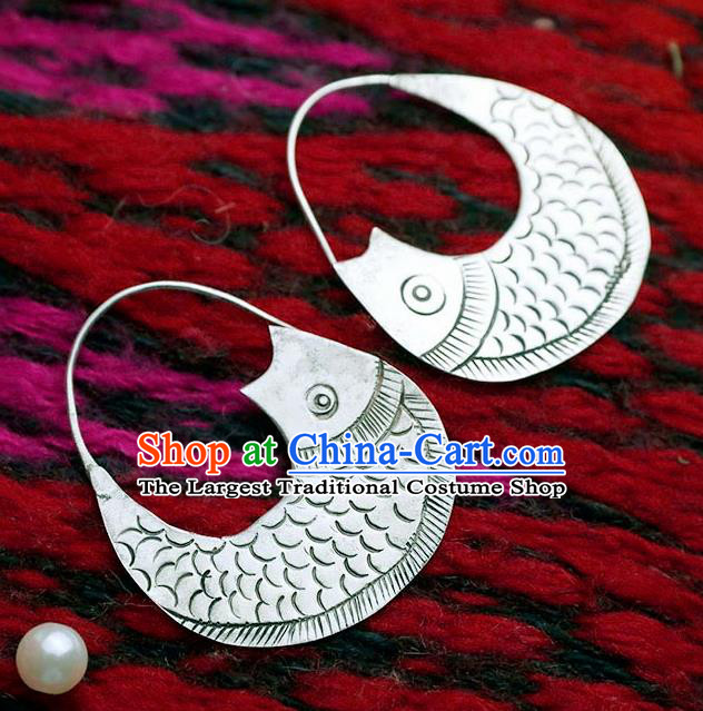 Chinese Traditional National Silver Carving Fish Earrings Handmade Ear Accessories for Women