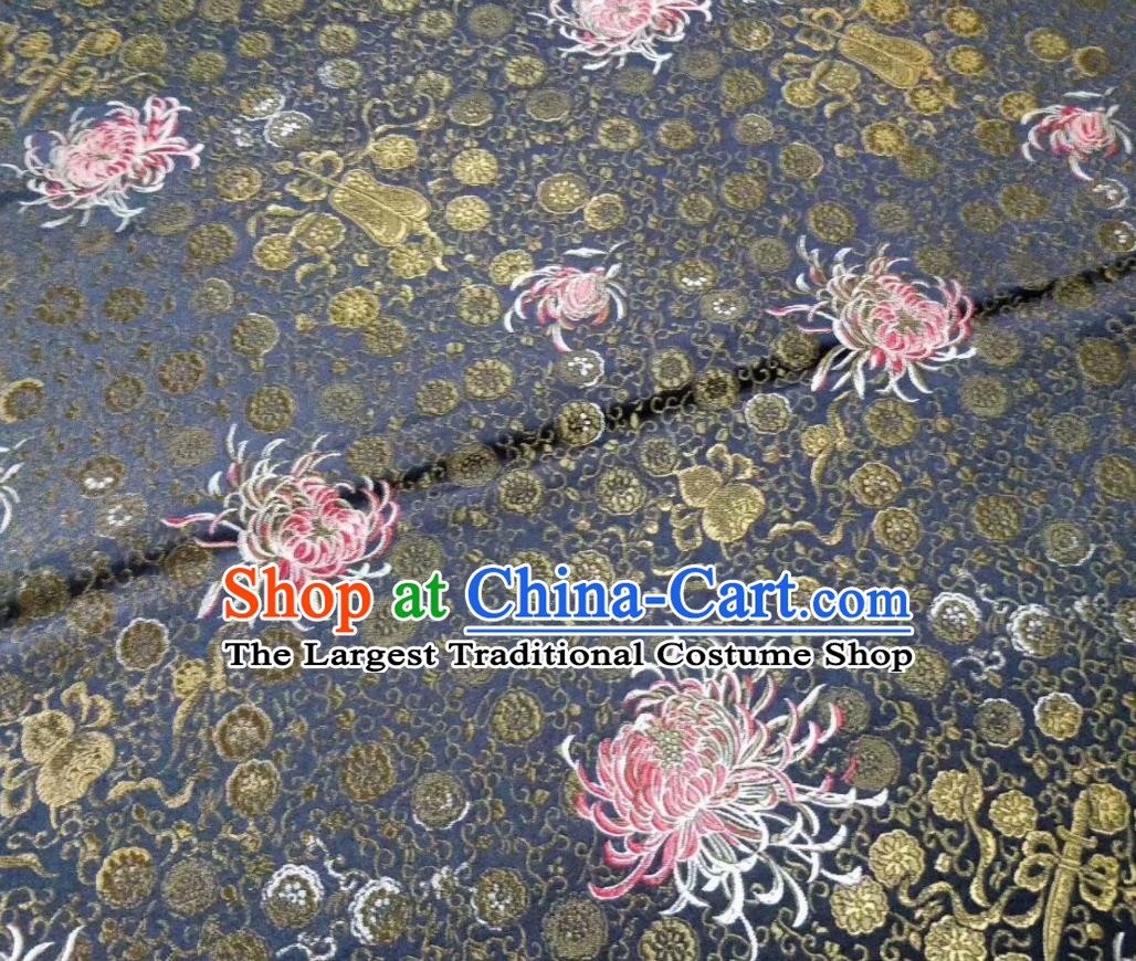 Asian Chinese Classical Chrysanthemum Pattern Design Grey Silk Fabric Traditional Nanjing Brocade Material