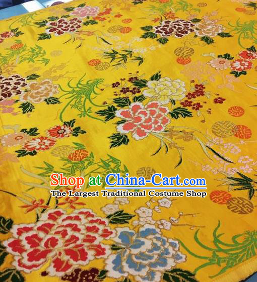 Asian Chinese Classical Peony Orchid Plum Pattern Design Golden Silk Fabric Traditional Nanjing Brocade Material