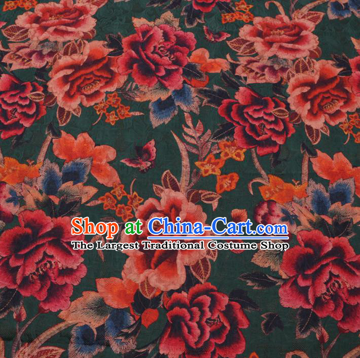Asian Chinese Classical Peony Butterfly Pattern Design Deep Green Watered Gauze Fabric Traditional Silk Material