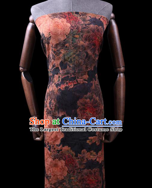 Chinese Cheongsam Classical Peony Pattern Design Black Watered Gauze Fabric Asian Traditional Silk Material