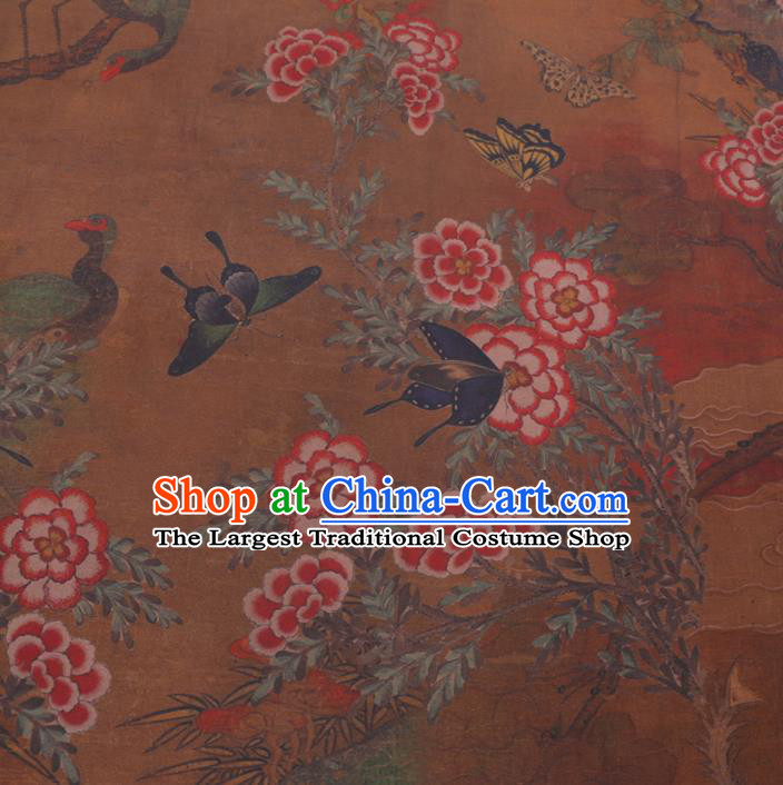 Chinese Cheongsam Classical Flowers Butterfly Pattern Design Ginger Watered Gauze Fabric Asian Traditional Silk Material