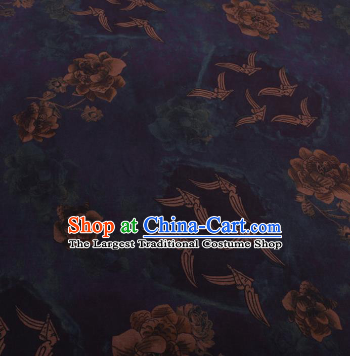 Chinese Cheongsam Classical Lotus Pattern Design Navy Watered Gauze Fabric Asian Traditional Silk Material