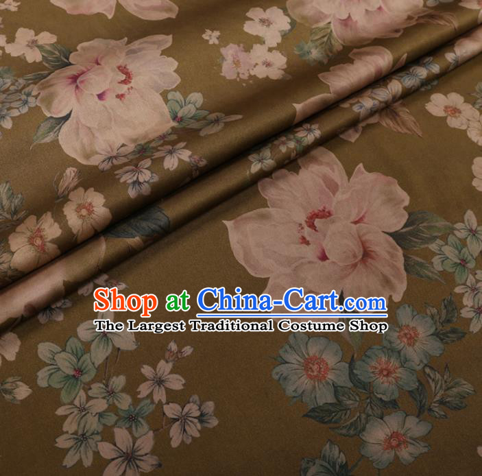 Chinese Cheongsam Classical Camellia Pattern Design Olive Green Watered Gauze Fabric Asian Traditional Silk Material