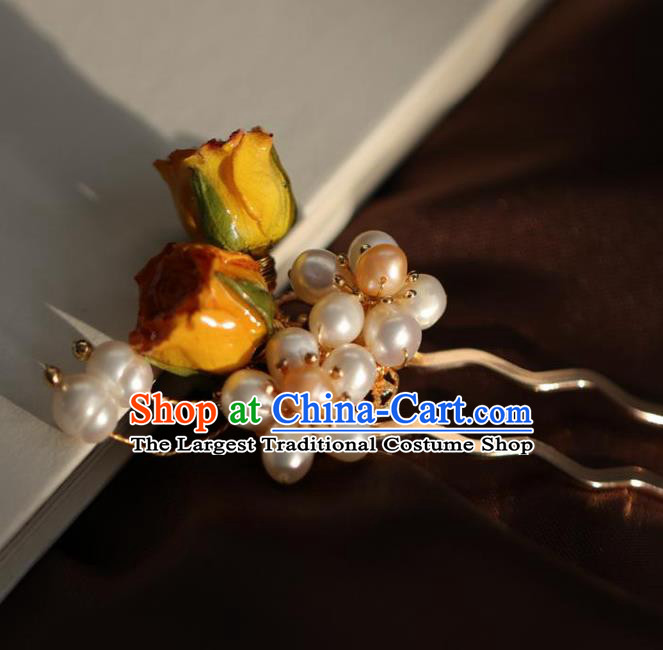 Chinese Handmade Ming Dynasty Princess Pearls Yellow Flowers Hairpins Ancient Hanfu Hair Accessories for Women