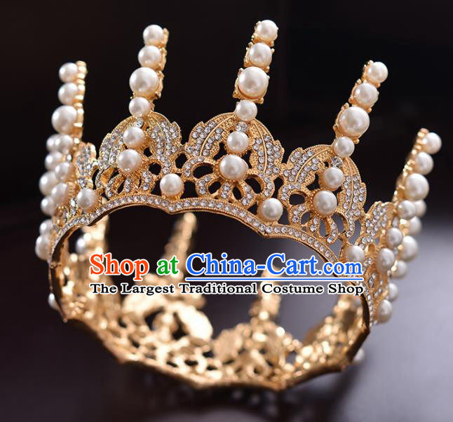 Top Handmade Bride Crystal Golden Round Royal Crown Wedding Hair Accessories for Women