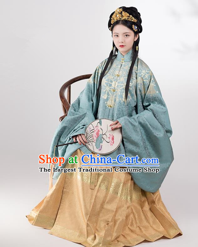 Traditional Chinese Ming Dynasty Court Princess Blue Brocade Blouse and Skirt Ancient Royal Infanta Historical Costumes for Women