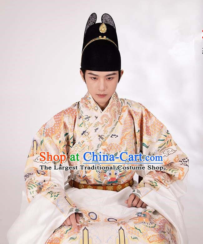 Traditional Chinese Hanfu Court White Brocade Imperial Robe Ancient Ming Dynasty Emperor Historical Costumes for Men