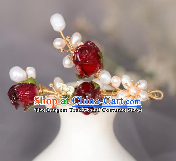 Chinese Handmade Ming Dynasty Princess Red Flowers Pearls Hair Claw Hairpins Ancient Hanfu Hair Accessories for Women