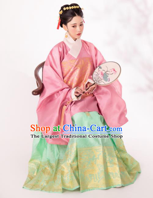 Traditional Chinese Ming Dynasty Royal Infanta Pink Blouse and Green Skirt Ancient Nobility Lady Historical Costumes for Women