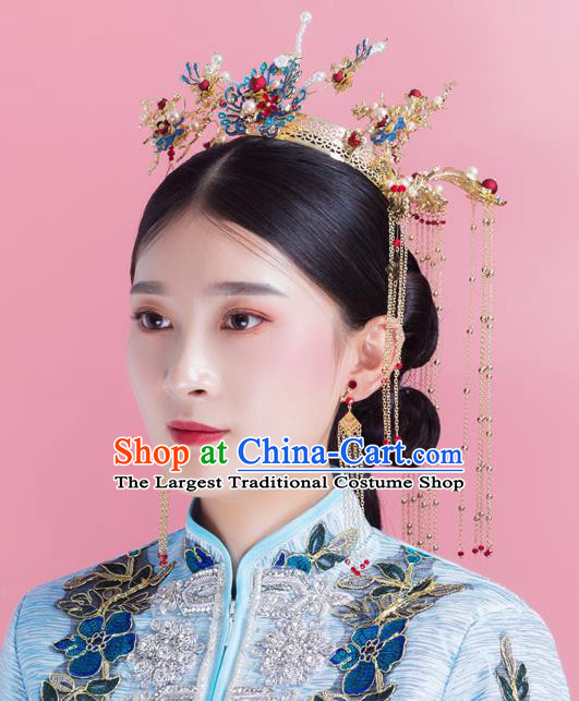 Traditional Chinese Wedding Luxury Cloisonne Phoenix Coronet Hairpins Handmade Ancient Bride Hair Accessories for Women
